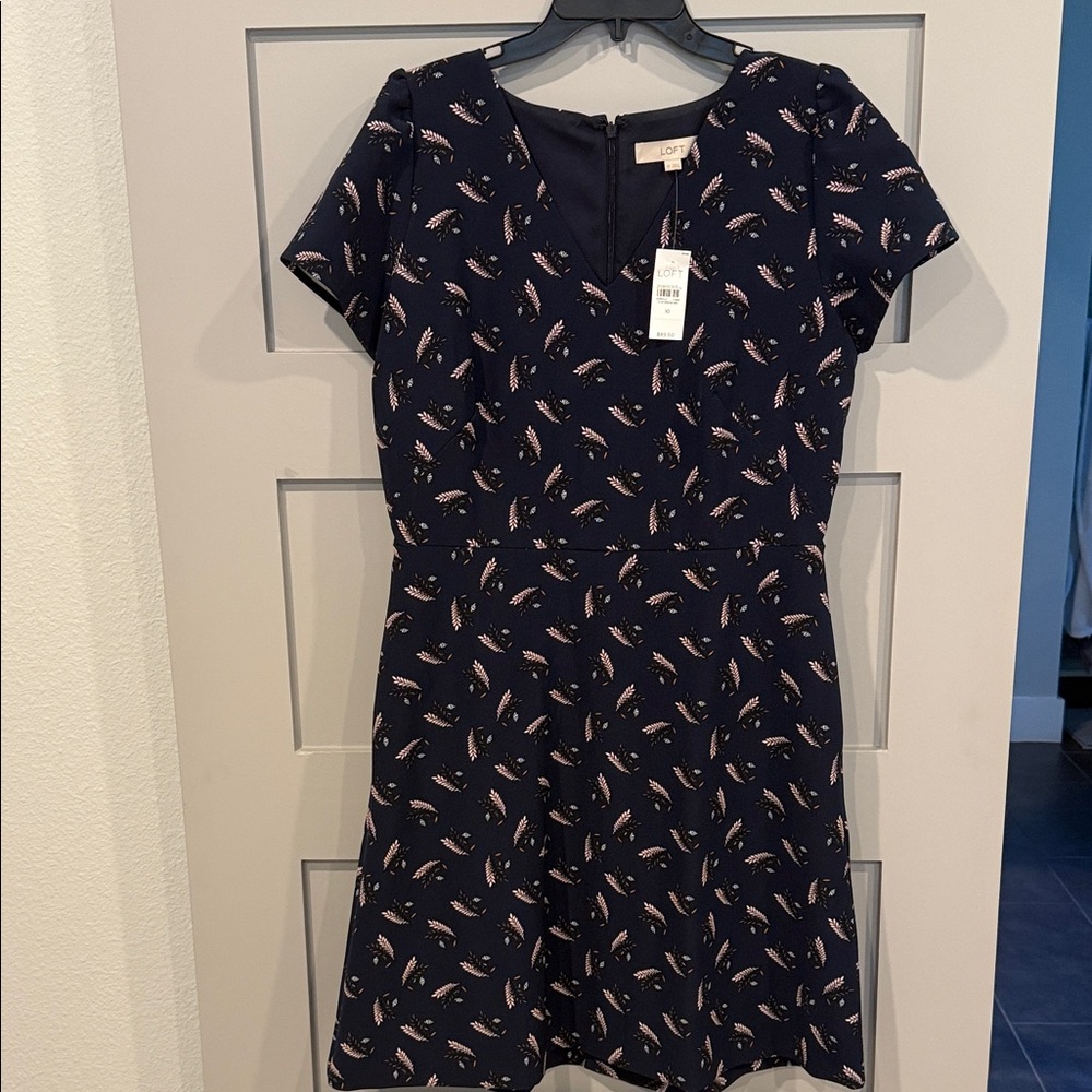 LOFT Navy Dress with Pink Leaf Design
